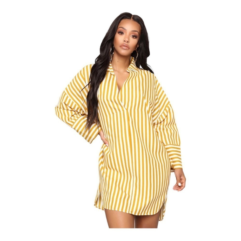 Fashion Nova Button Front Shirt Dress Mustard White Stripe V-Neck Mini Small